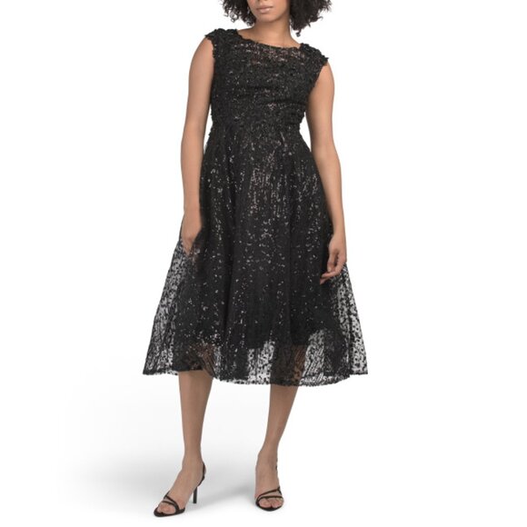 MAC DUGGAL Black Sleeveless Sequin Embellished Tea-length Dress
